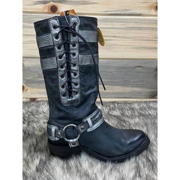 NEW CORRAL leather & side laces harness round toe boots in black